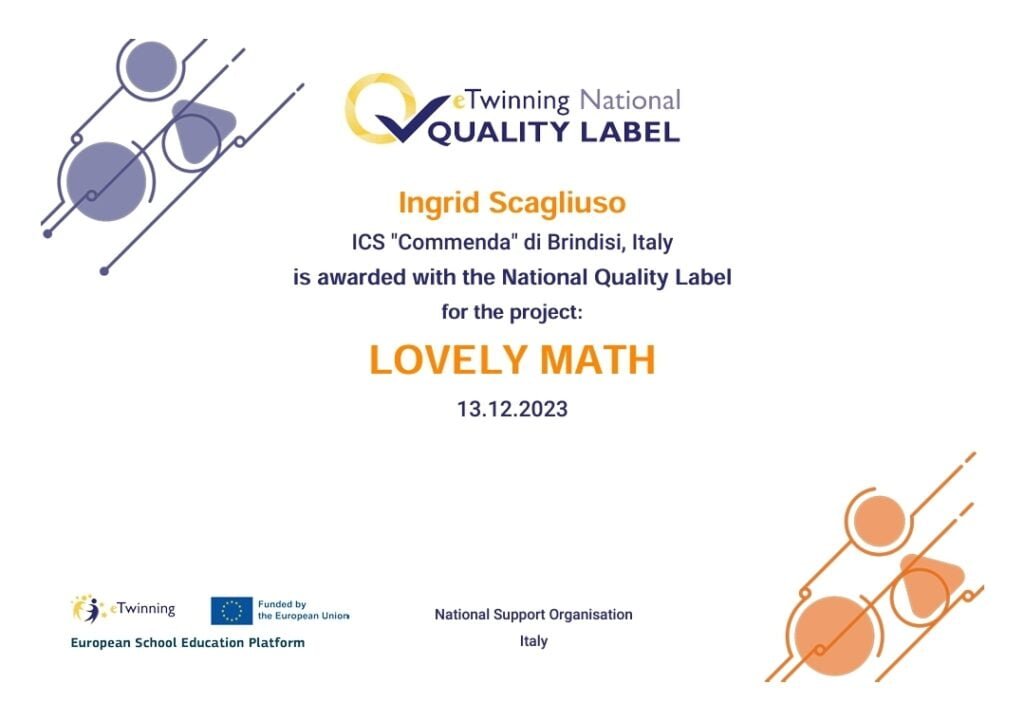 Foto certificato ottenuto: fondo bianco, testo nero, "LOVELY MATH" giallo